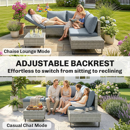 5 Seater Rattan Garden Furniture Set, Adjustable Back Corner Sofa Outdoor Lounge Set, Loveseat, Faux Wood Table, Cushions, L Shaped Patio Furniture Conversation Sets, Metal Frame, Grey