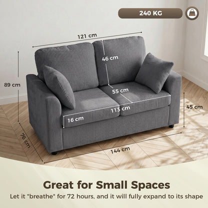 2 Seater Sofa, Corduroy Small Couch with Spring Cushion, Dark Grey