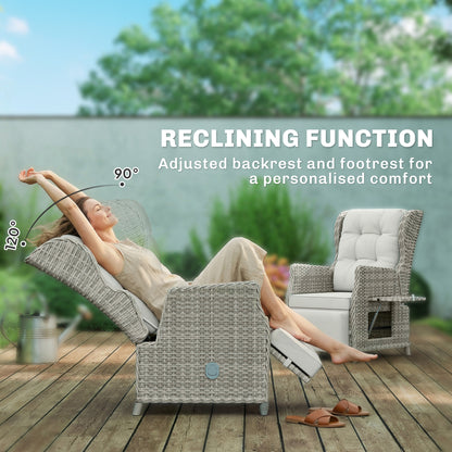 Rattan Garden Recliner Chair with Flip Table, Light Grey