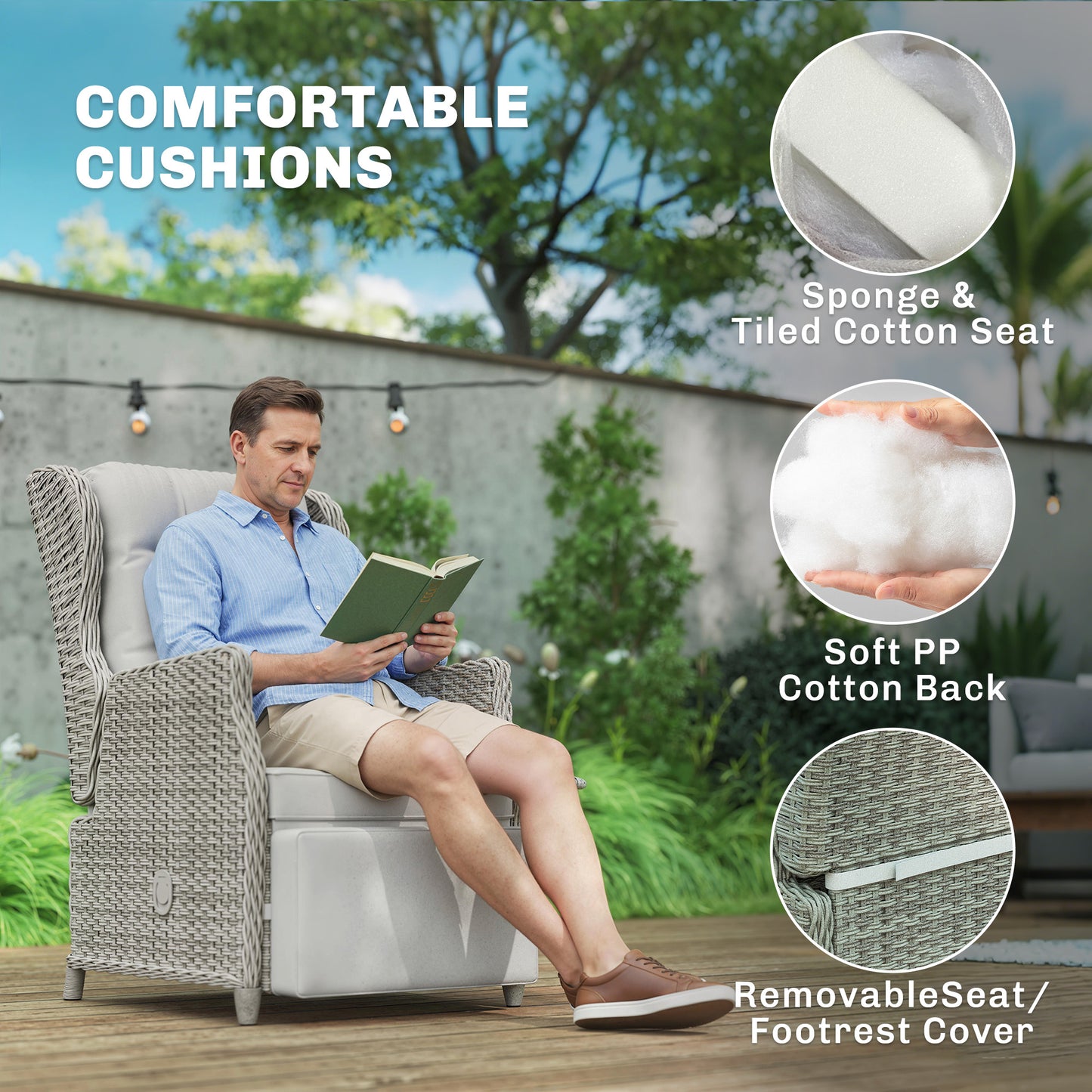 Rattan Garden Recliner Chair with Flip Table, Light Grey