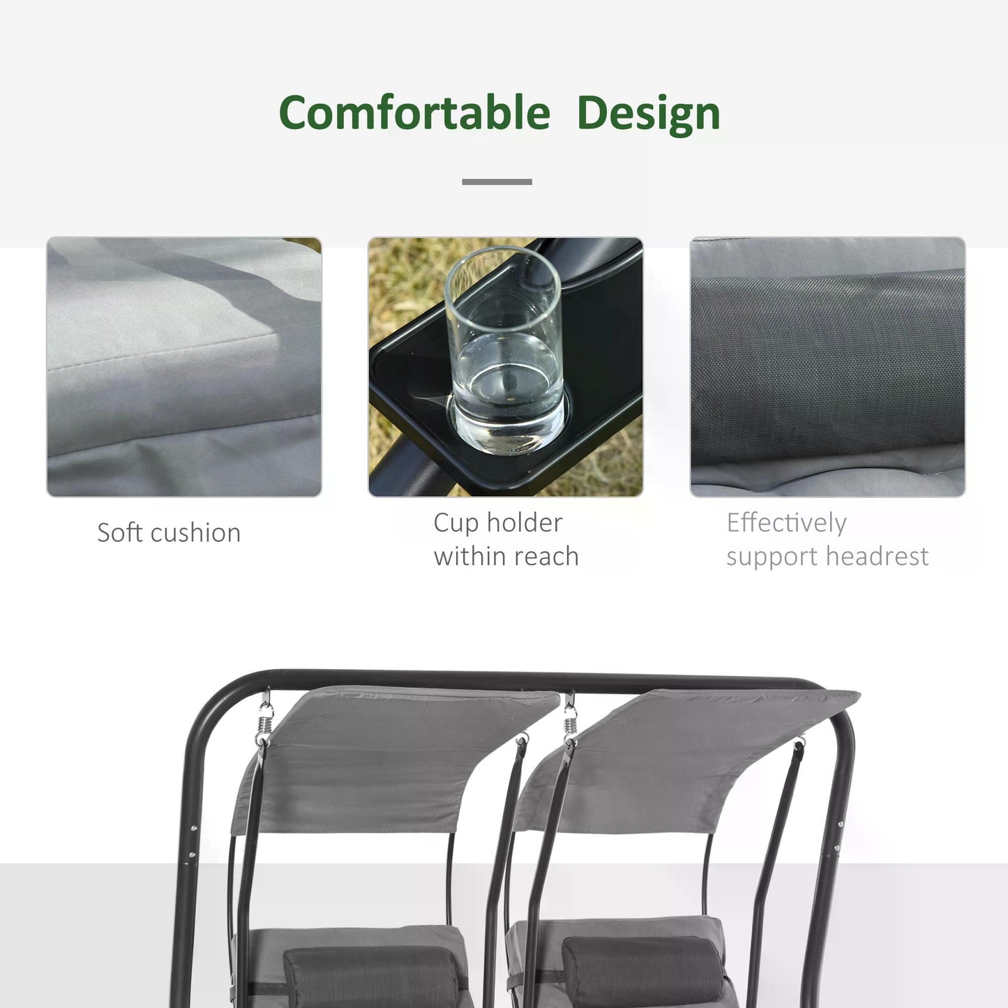 Double Seat Swing Chair Modern Garden Swing w/ 2 Separate Relax Chairs, Handrails, Headrests and Removable Canopy, Grey