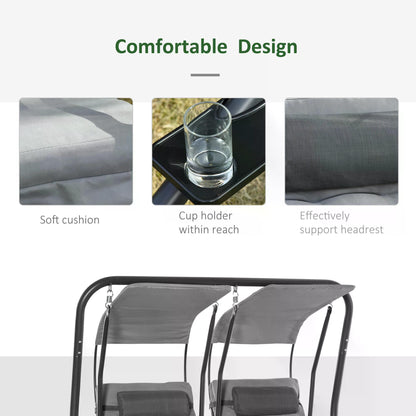 Double Seat Swing Chair Modern Garden Swing w/ 2 Separate Relax Chairs, Handrails, Headrests and Removable Canopy, Grey
