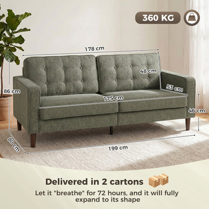 3 Seater Sofa, Upholstered Small Couch for Bedroom, Modern Futon Sofa Settee with Padded Cushion, Button Tufting and Wood Legs for Living Room, Green