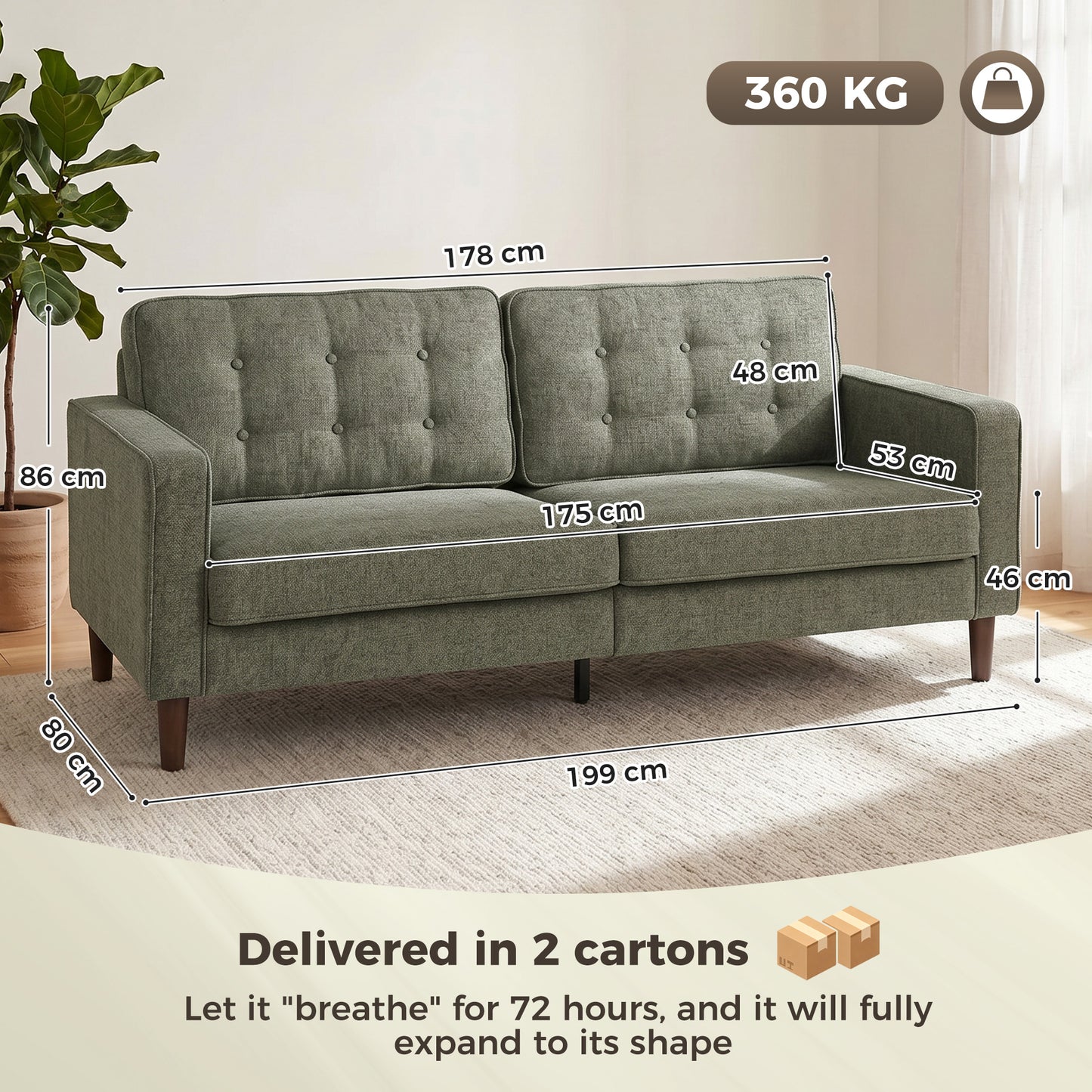 3 Seater Sofa, Velvet-Feel Fabric Upholstered Small Couch for Bedroom, Modern Sofa Settee with Padded Cushion, Button Tufting and Wood Legs for Living Room, Green