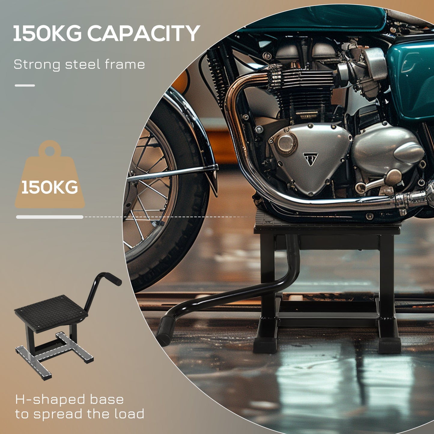 150KG Steel Motorbike Manual Jack Lift Rubber Platform Crank Lift