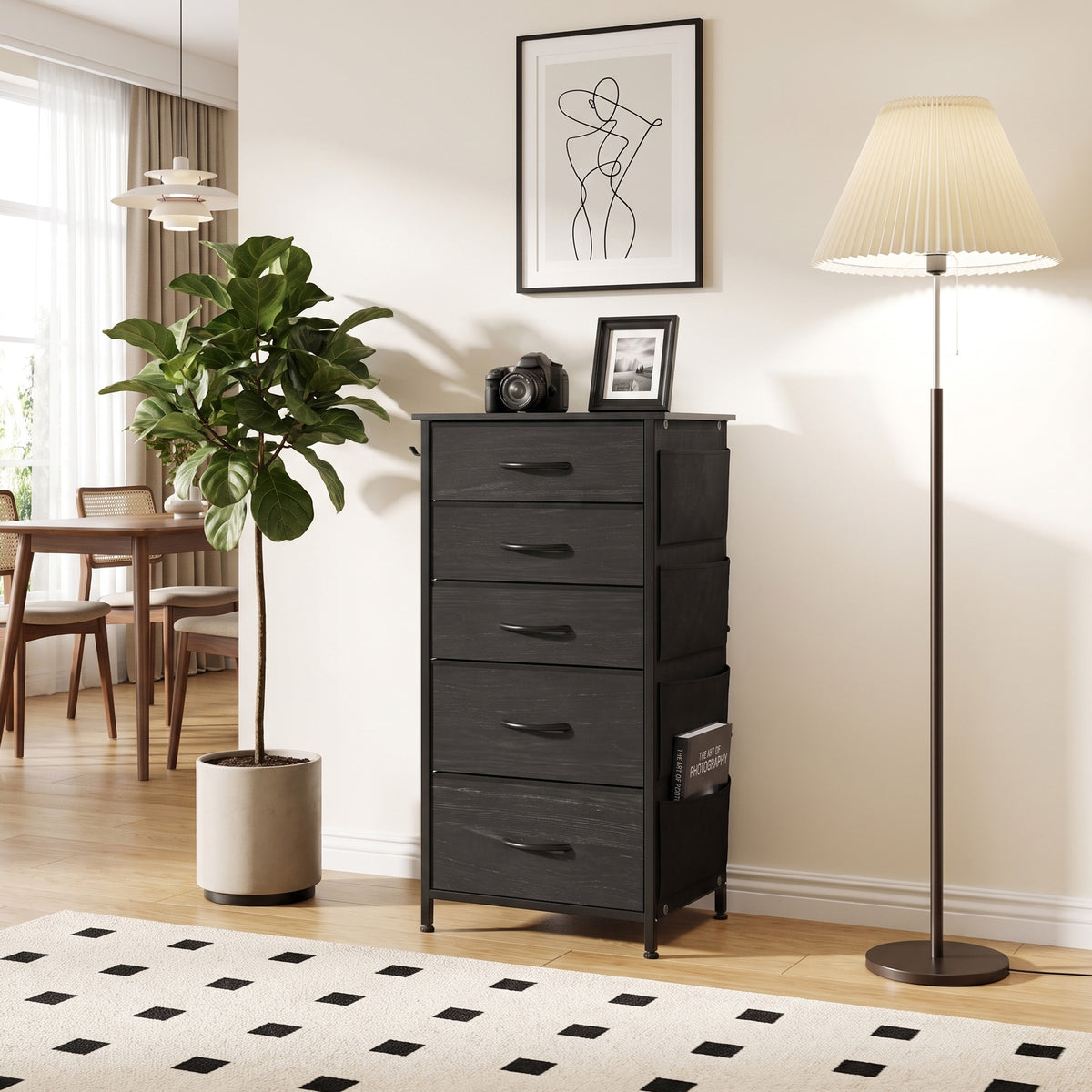 Fabric Chest of Drawers, 5 Drawer Dresser for Bedroom, Black