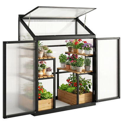 4 x 2ft Polycarbonate Greenhouse with Hinged Door, Top Vent, Lean-to Green House, Aluminium Walk-in Greenhouse for Patio Garden, Black