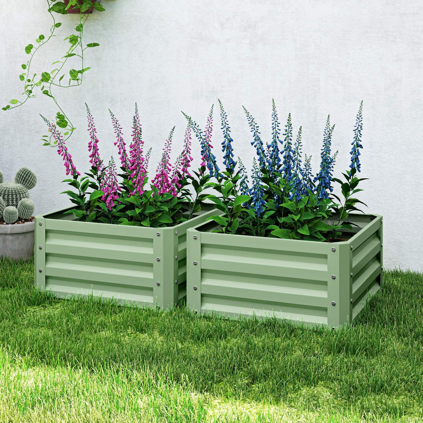 Set of 2 Raised Garden Bed, Outdoor Planter Box with Galvanised Steel Frame for Growing Vegetables, Flowers and Herbs, 60 x 60 x 30.5 cm, Light Green