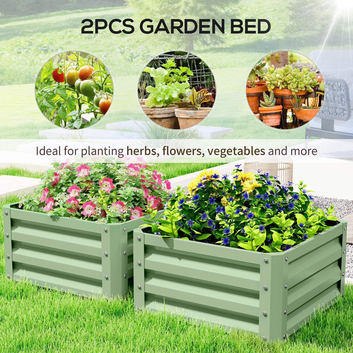 Set of 2 Raised Garden Bed Galvanised Planter Box, Light Green