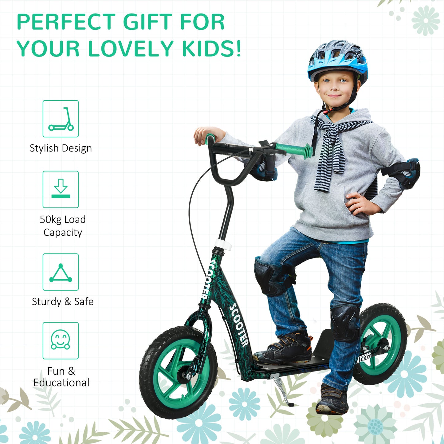 Kids Scooter with Adjustable Handlebar, Kick Scooter, Green