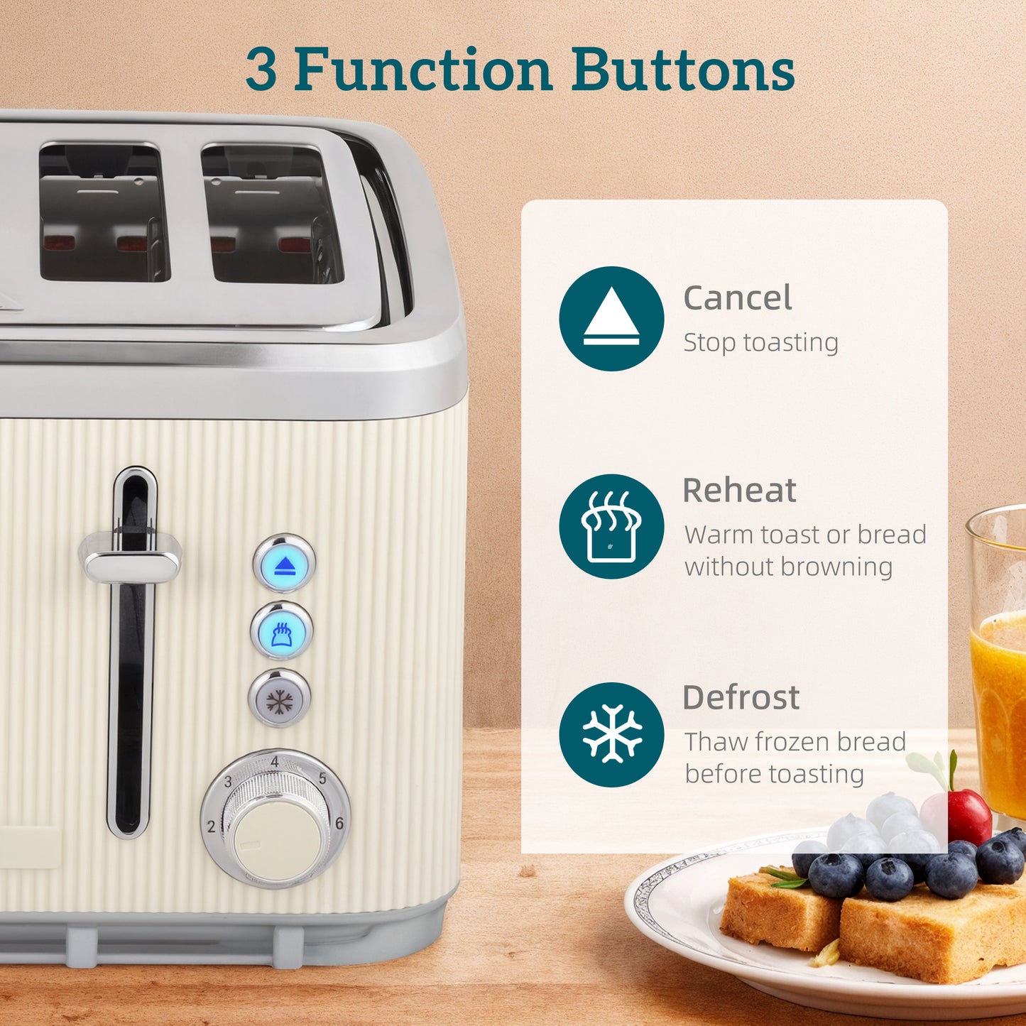 1.7L 3000W Rapid Boil Kettle and 4 Slice Toaster Set Crumb Tray Cream