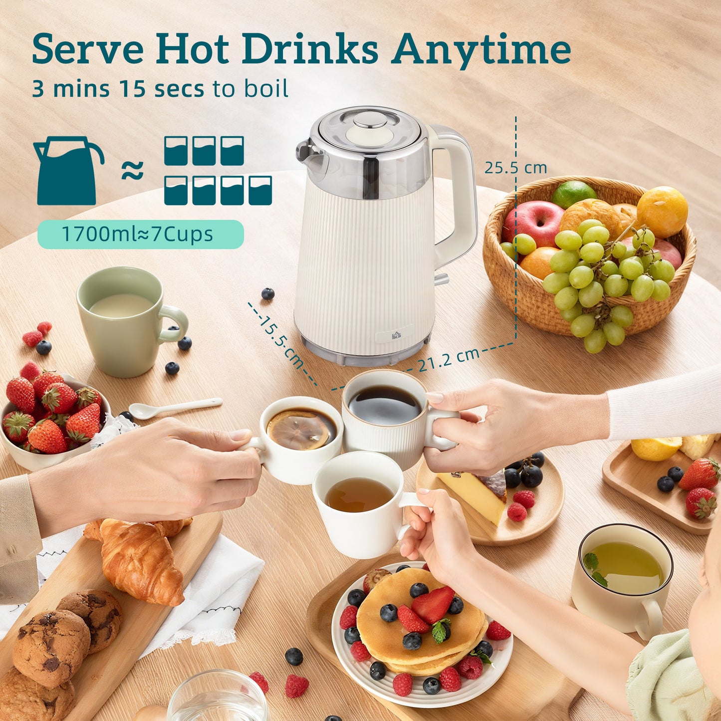 1.7L 3000W Rapid Boil Kettle and 4 Slice Toaster Set Crumb Tray Cream