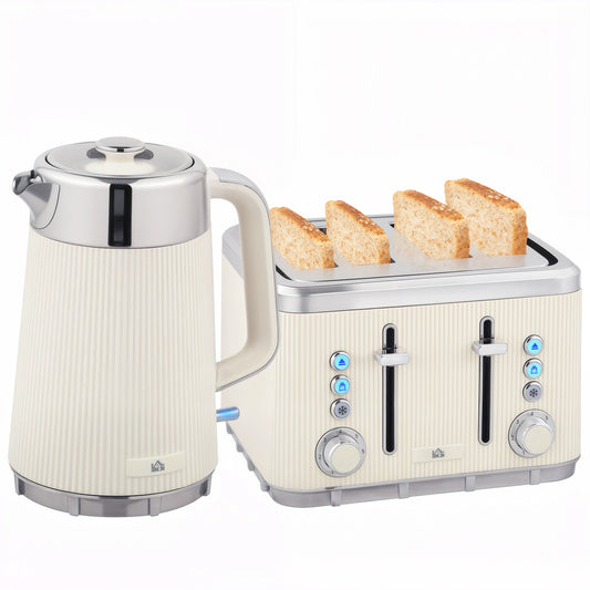 1.7L 3000W Rapid Boil Kettle and 4 Slice Toaster Set Crumb Tray Cream