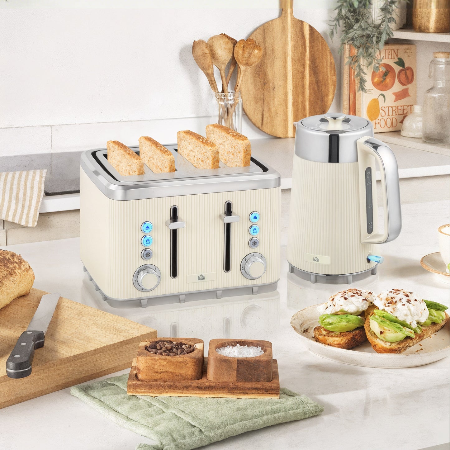 1.7L 3000W Rapid Boil Kettle and 4 Slice Toaster Set Crumb Tray Cream