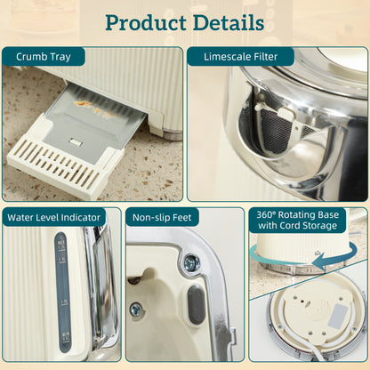 1.7L 3000W Rapid Boil Kettle and 4 Slice Toaster Set Crumb Tray Cream