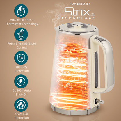 1.7L 3000W Rapid Boil Kettle and 4 Slice Toaster Set Crumb Tray Cream