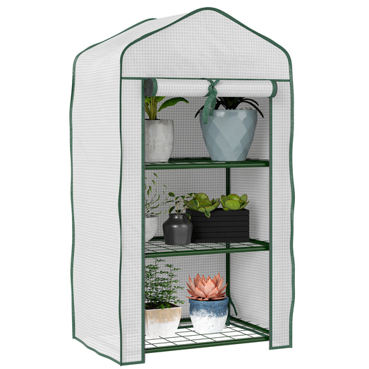 Portable Mini Greenhouse with Roll-up Door and Wire Shelves, White