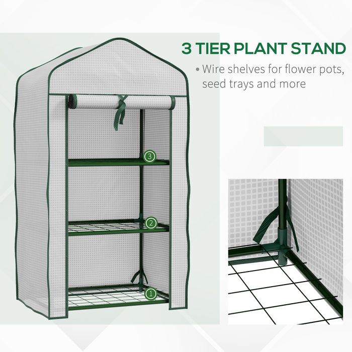 Portable Mini Greenhouse with Roll-up Door and Wire Shelves, White