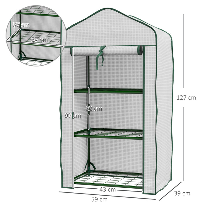 Portable Mini Greenhouse with Roll-up Door and Wire Shelves, White