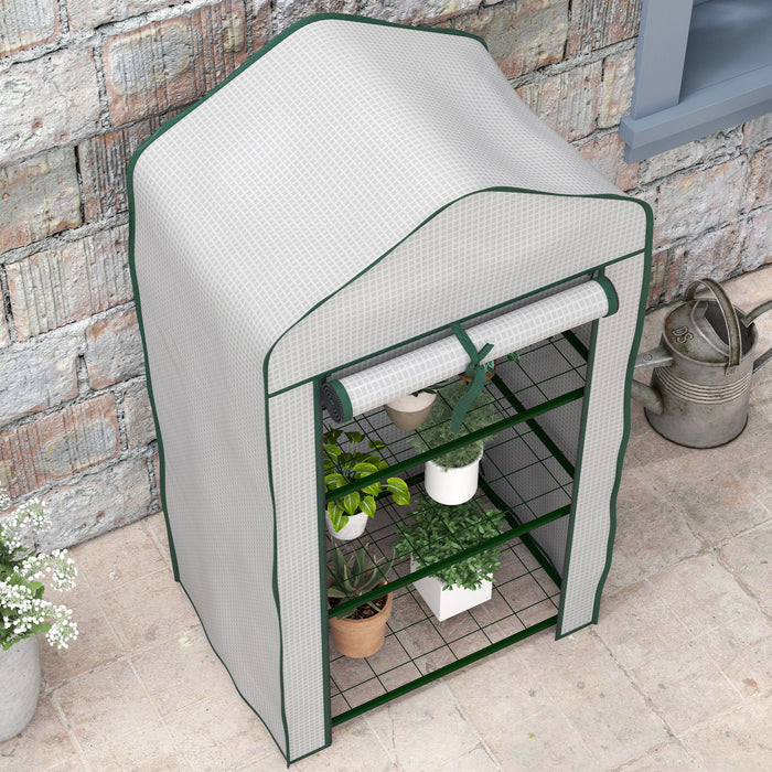 Portable Mini Greenhouse with Roll-up Door and Wire Shelves, White