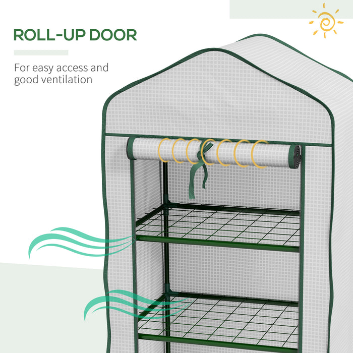 Portable Mini Greenhouse with Roll-up Door and Wire Shelves, White