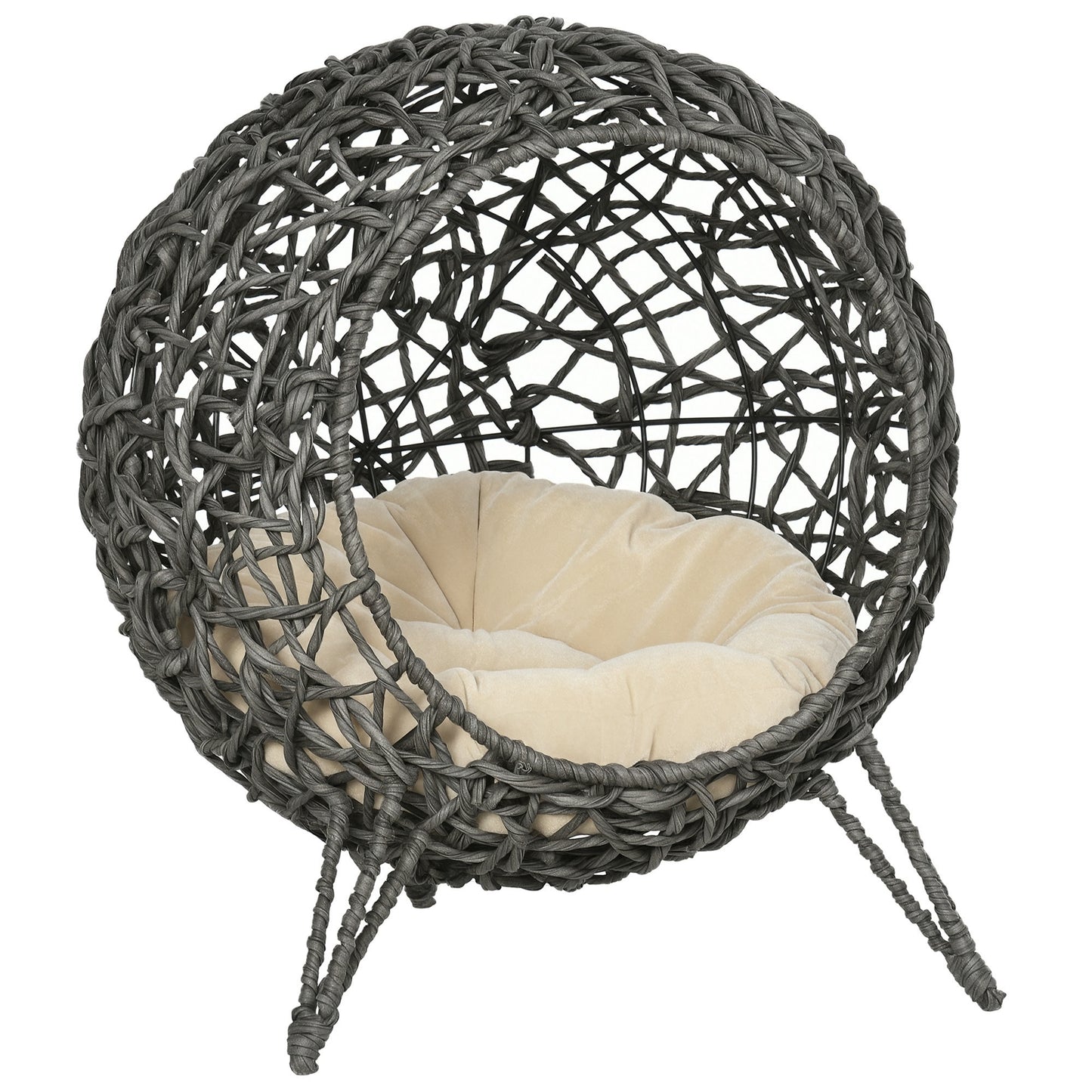 Rattan Elevated Cat Bed House Kitten Basket Ball Shaped Pet Furniture w/ Removable Cushion - Silver-Tone and Grey