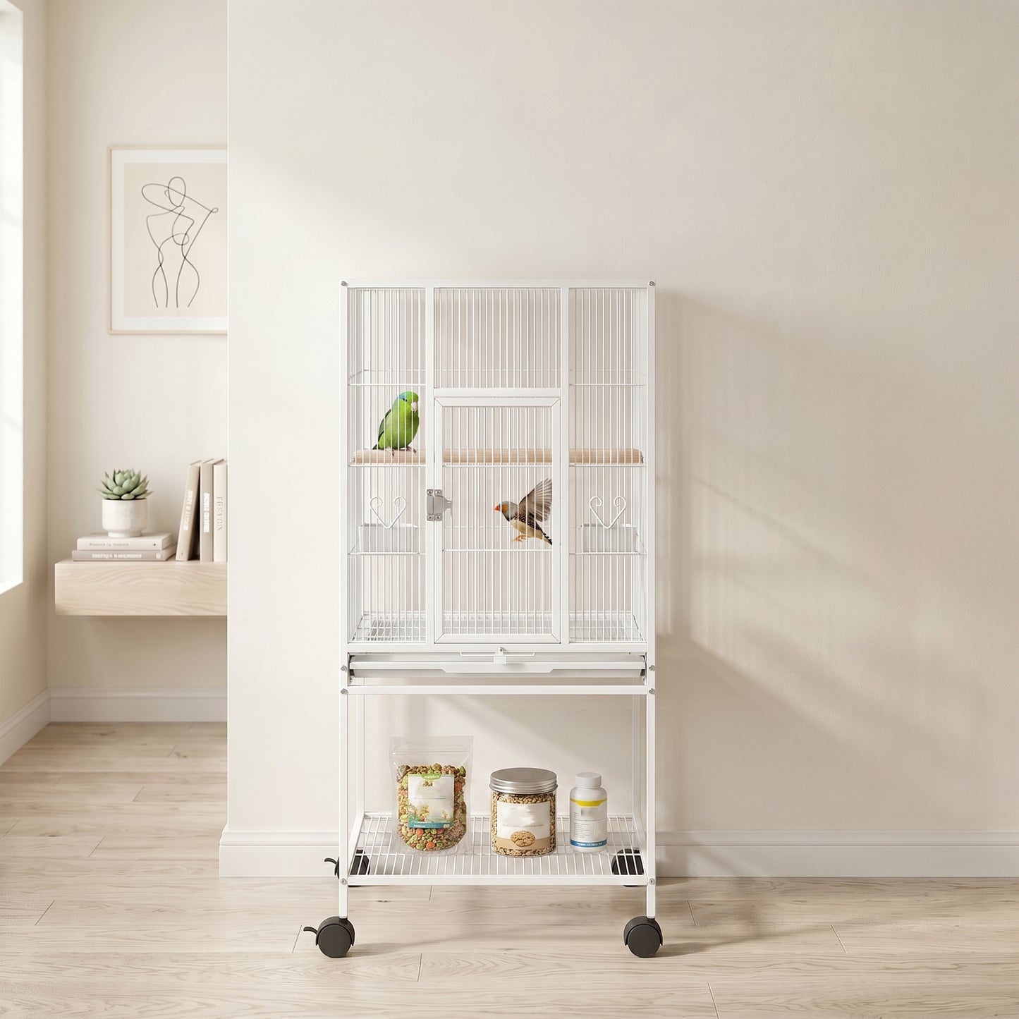 Detachable Bird Cage on Wheels, for Finches, Parakeets, Budgies, Budgie Cage, Parrot Aviary with Accessories, Storage Shelf - White
