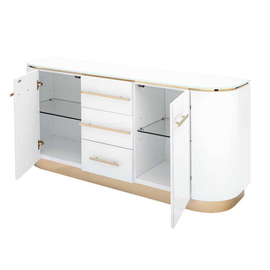 Anastasia White Glass Sideboard with Brass Details