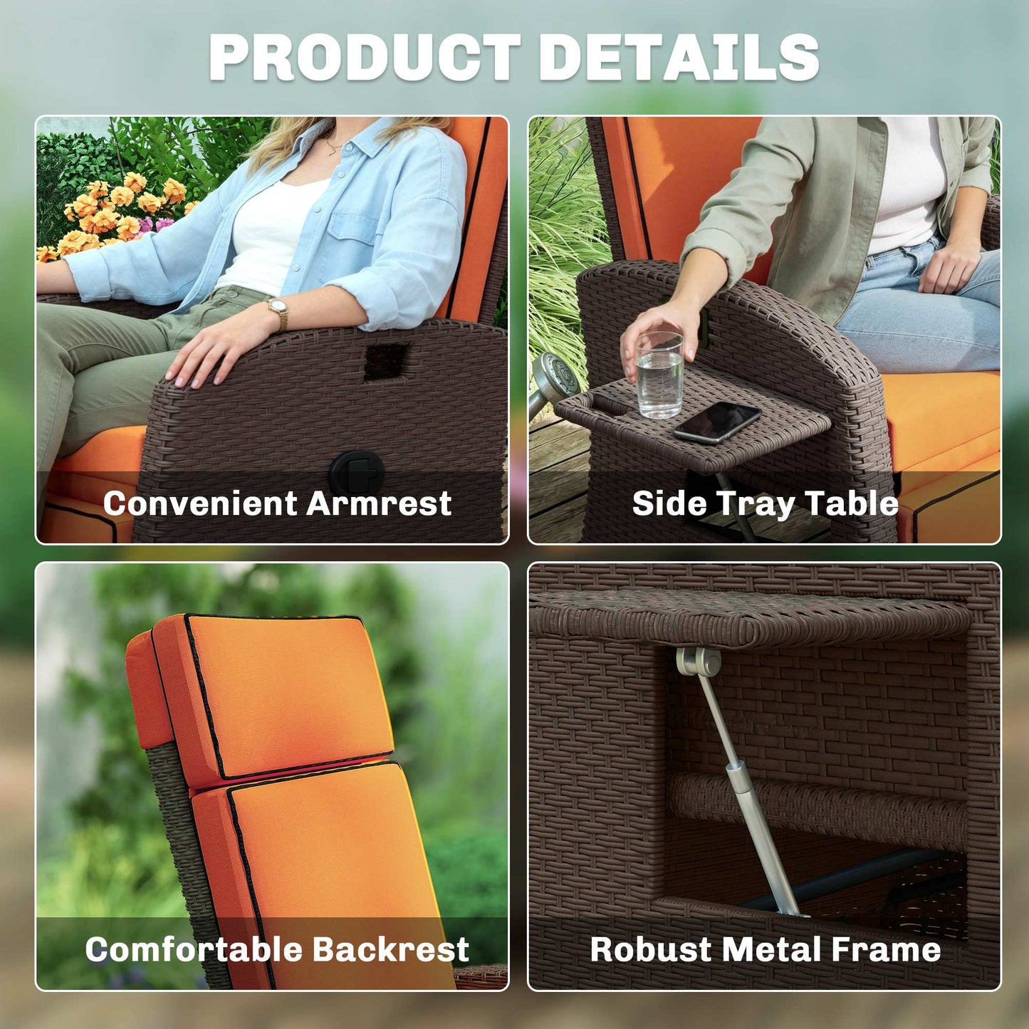 Garden Recliner with Cushion, Rattan Recliner Chair with Armrests