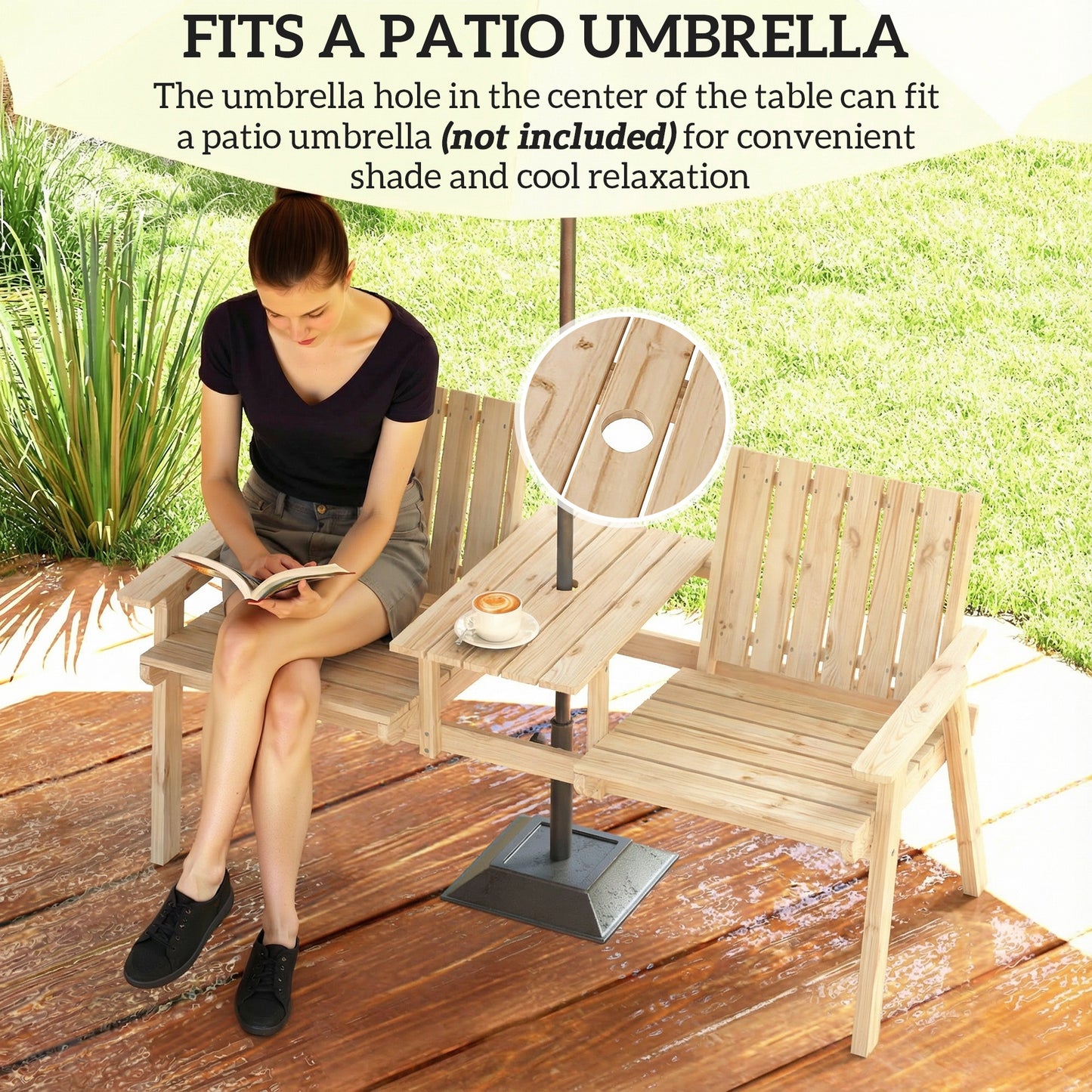 Wooden Garden Loveseat with Parasol Hole, Natural Wood Finish