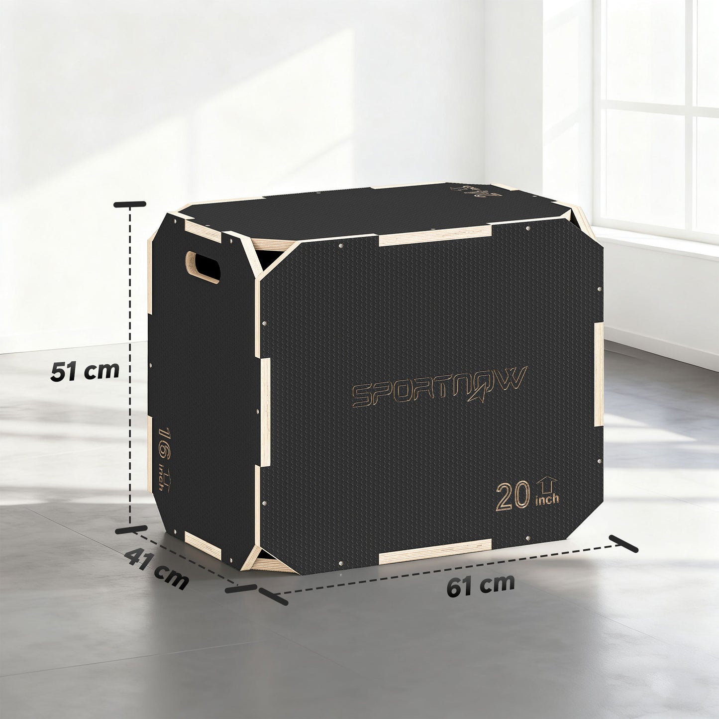 Non-Slip Plyo Box, Corner-free Wooden Jump Box, 41 x 61 x 51 cm