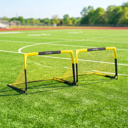 Set of 2 Pop Up Football Goal, 5 x 3.5ft Portable Folding Football Net with Carry Bag, 8 U-Shaped Ground Stakes, Fibreglass Pole, Training Equipment for Indoor and Outdoor Use, Easy Setup