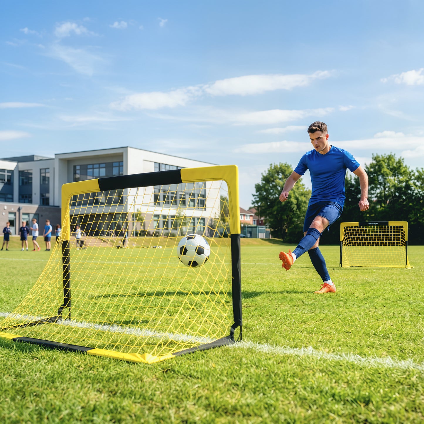 Set of 2 Pop Up Football Goal, 5 x 3.5ft Portable Folding Football Net with Carry Bag, 8 U-Shaped Ground Stakes, Fibreglass Pole, Training Equipment for Indoor and Outdoor Use, Easy Setup