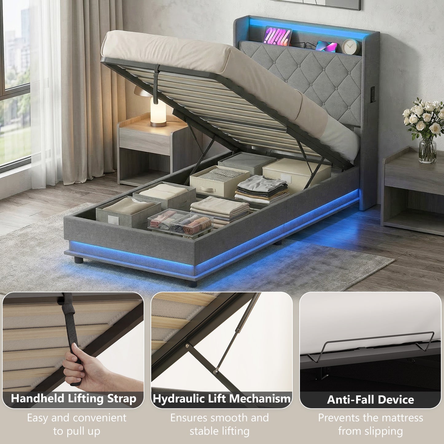 Lift up Storage Bed Frame with RGB LED Lights, 90 x 190cm, Dark Grey