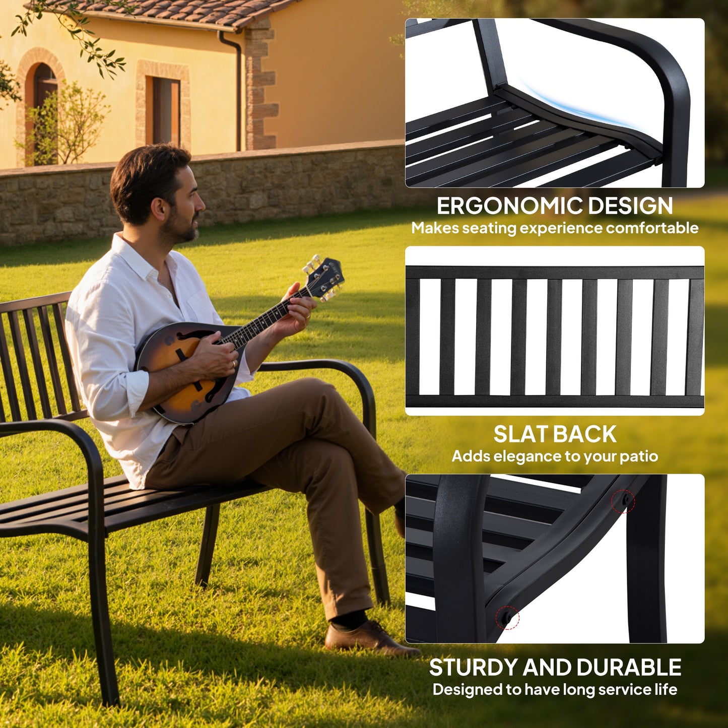 Garden Bench, Metal Outdoor Patio Garden Loveseat, Black