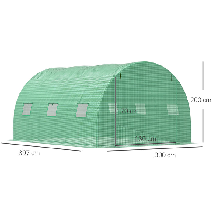 Walk-In Polytunnel Greenhouse, Outdoor Garden Greenhouse with PE Cover, Zippered Roll Up Door and 6 Windows, 4 x 3 x 2 m, Green