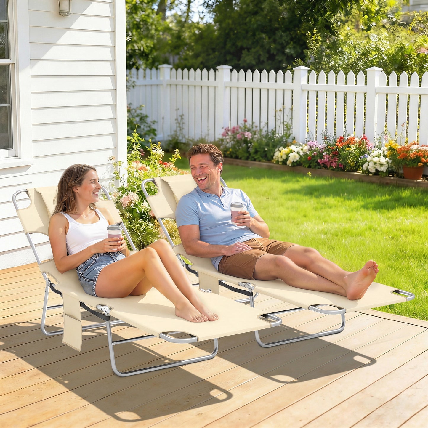 2 Sun Loungers with Reading Hole, Folding Garden Lounger, Beige