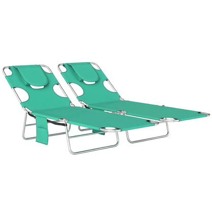 2 Sun Loungers with Reading Hole, Folding Garden Lounger, Green