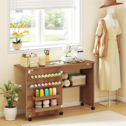 Folding Sewing Table, Craft Table with Storage compartments, Brown