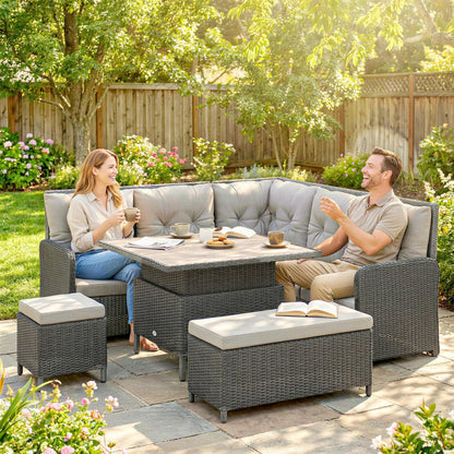 6 PCs Rattan Garden Furniture Sectional Corner Sofa, Dark Grey