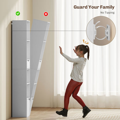 Narrow Bookshelf with Drawer, Tall Bookcase for Living Room, White