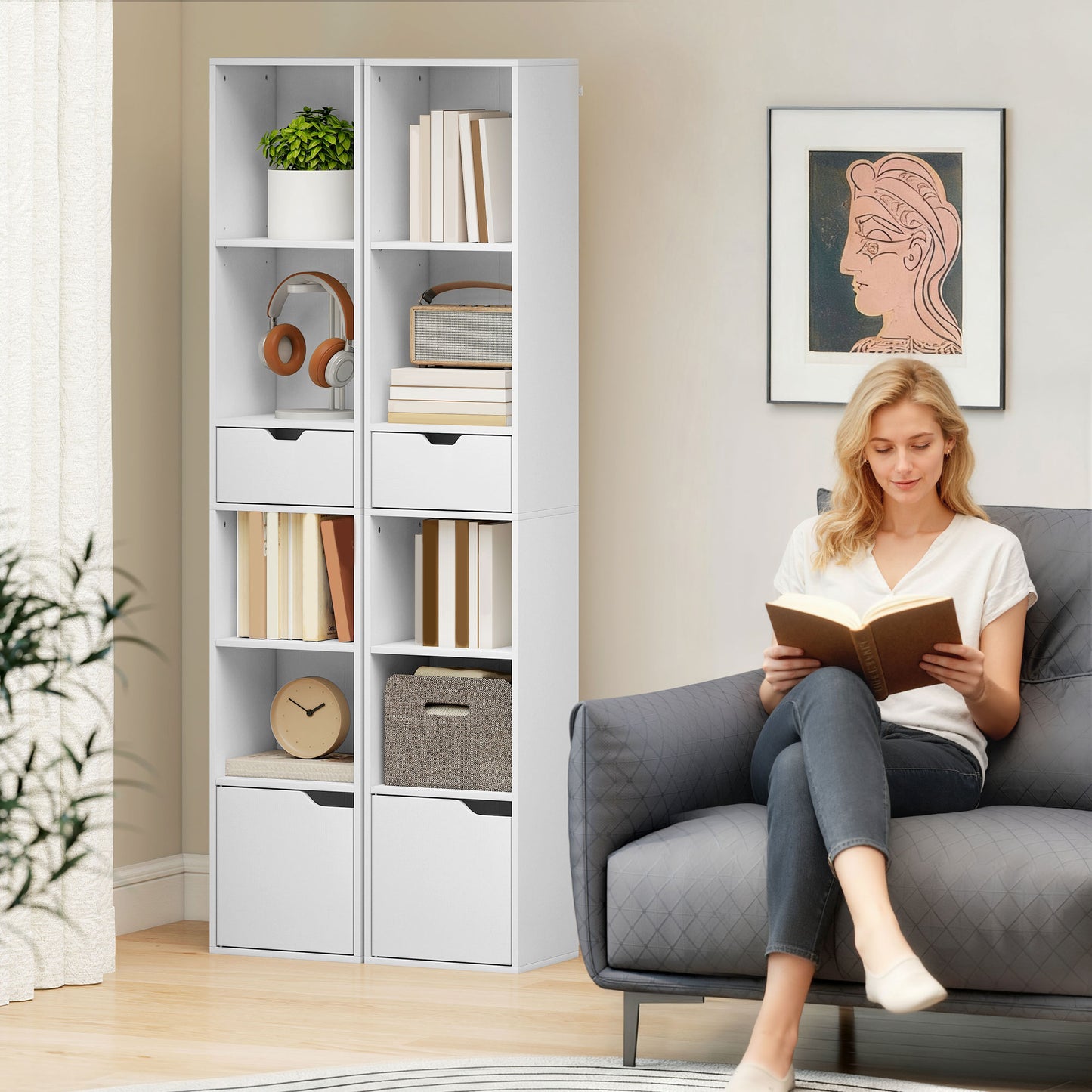 Narrow Bookshelf with Drawer, Tall Bookcase for Living Room, White