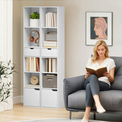 Narrow Bookshelf with Drawer, Tall Bookcase for Living Room, White