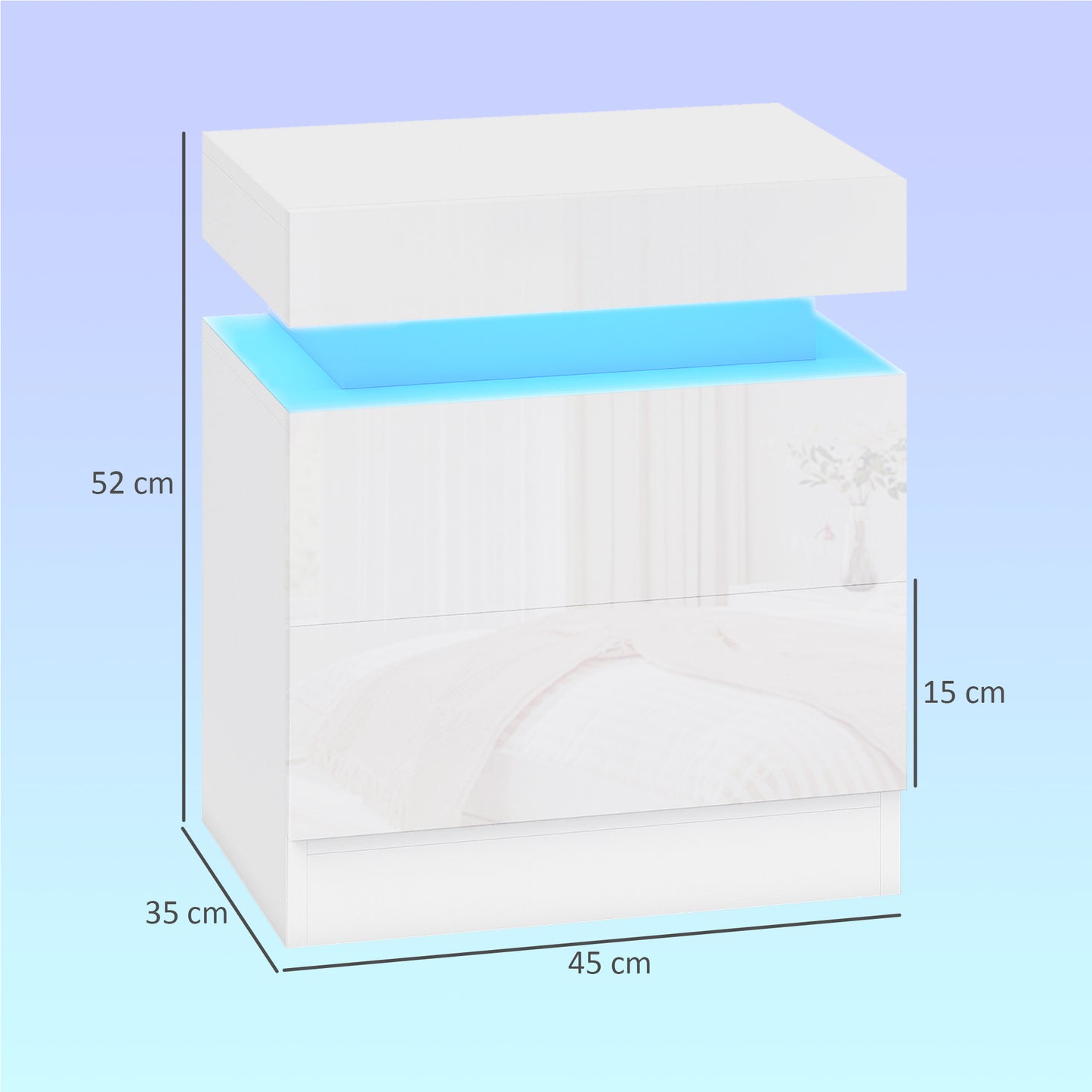High Gloss Front Bedside Table, APP Control Nightstand with RGB LED Light and 2 Drawers, Chest of Drawers for Bedroom, Living Room, Set of 2, White