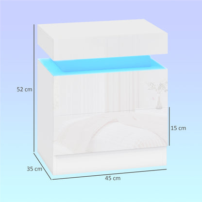 High Gloss Front Bedside Table, APP Control Nightstand with RGB LED Light and 2 Drawers, Chest of Drawers for Bedroom, Living Room, Set of 2, White