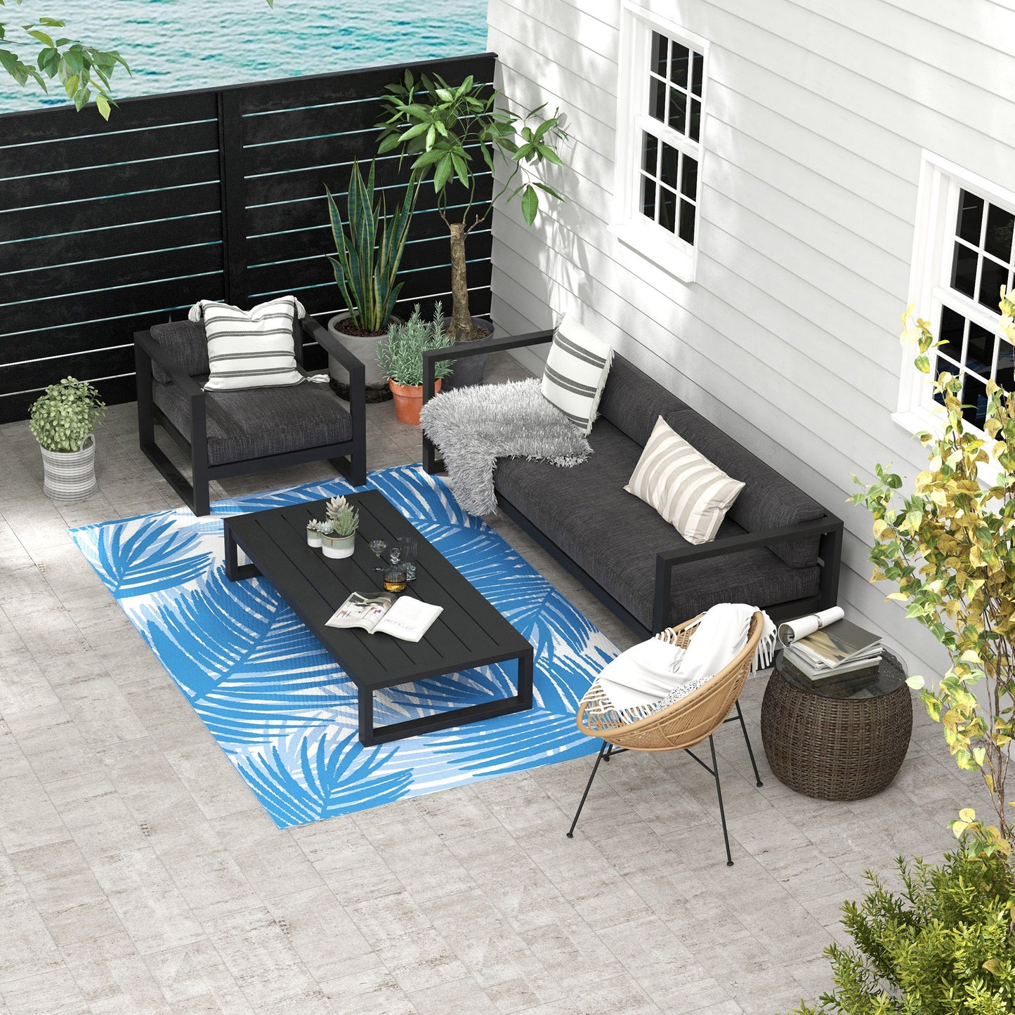 Reversible Waterproof Outdoor Rug W/ Carry Bag, 182 x 274cm, Blue