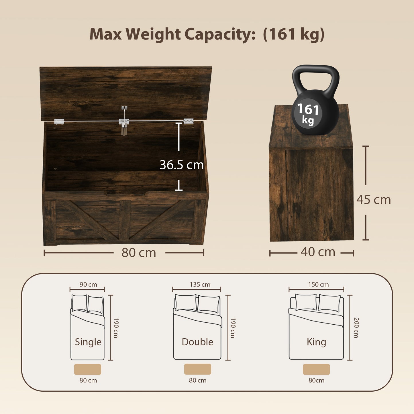 Storage Trunk for Living Room, with Safety Hinge, 80cm, Rustic Brown