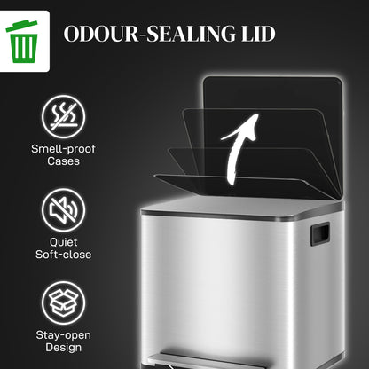 2 x 15L Double Kitchen Bin, Pedal Bin Soft-Close Lid, Silver Tone