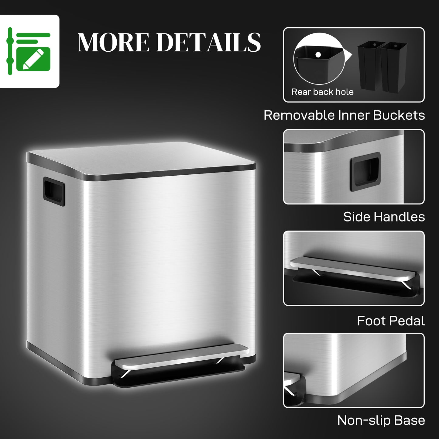 2 x 15L Double Kitchen Bin, Pedal Bin Soft-Close Lid, Silver Tone