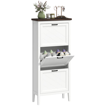 Shoe Cabinet with 3 Flip Drawers, Farmhouse Narrow Shoe Storage Cabinet with Adjustable Shelves, Freestanding for Entryway, Hallway, Living Room, Holds 12-18 Pairs, White